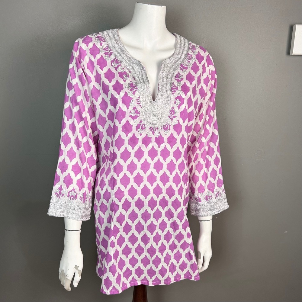 Roberta Roller Rabbit Tunic Medium Purple Gauzy Cotton‎ Beachy Embroidered Boho